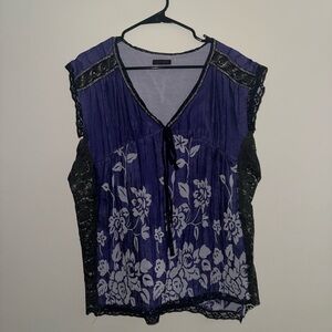 Custo Barcelona Purple Floral Lace-Trim V-Neck Blouse